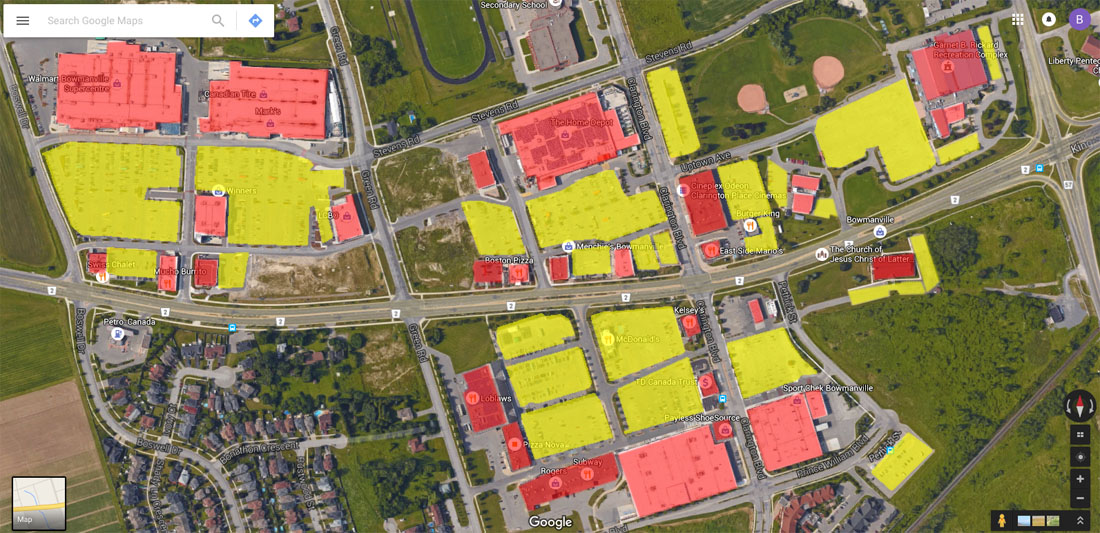 Basic sketching of free parking lots (yellow highlite) and commercial buildings (red highlite).