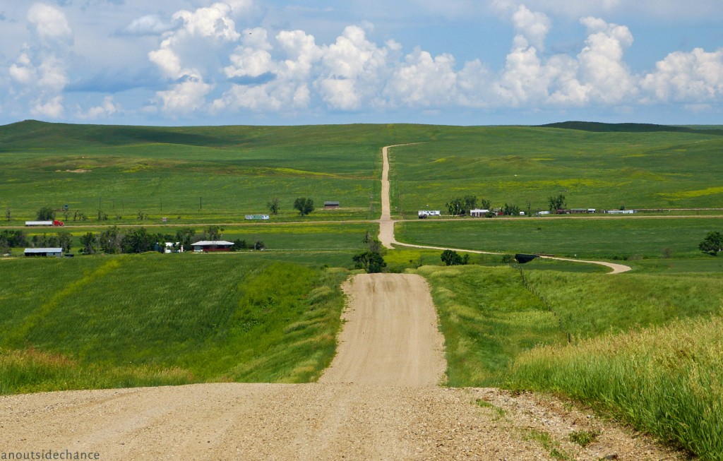 Looking north on County Road 8 near Cottonwood, South Dakota. US 14 runs through the centre of the image from west to east. June 19, 2014.