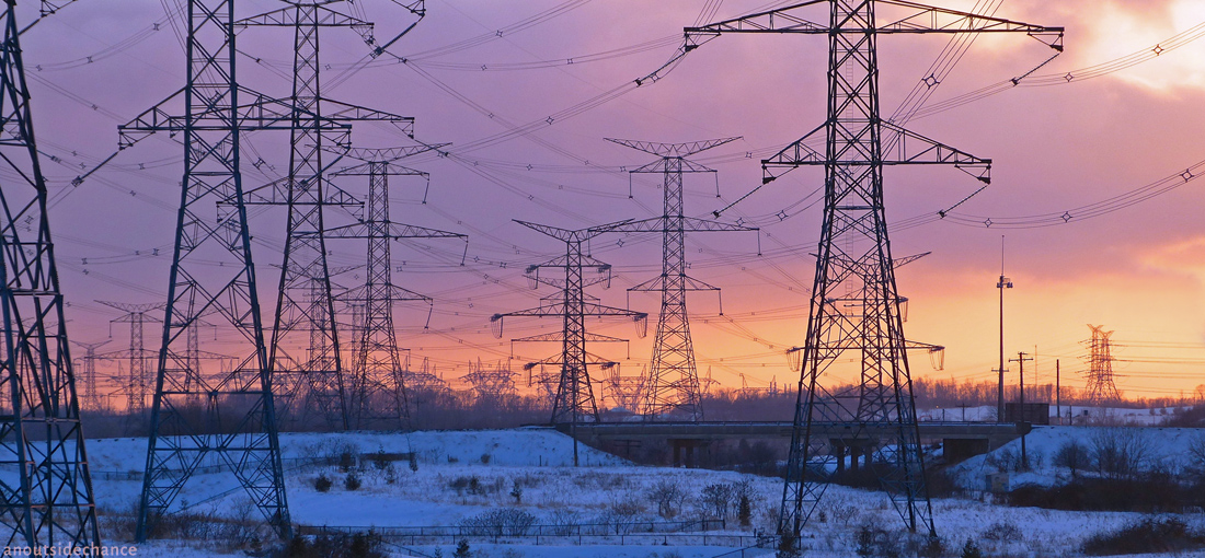 High-voltage transmission lines near Darlington Nuclear Generating Station.