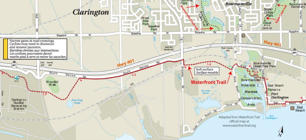 As shown on this Waterfront Trail map, there is no good linkage between the recreational trails in residential Bowmanville and the Waterfront Trail.