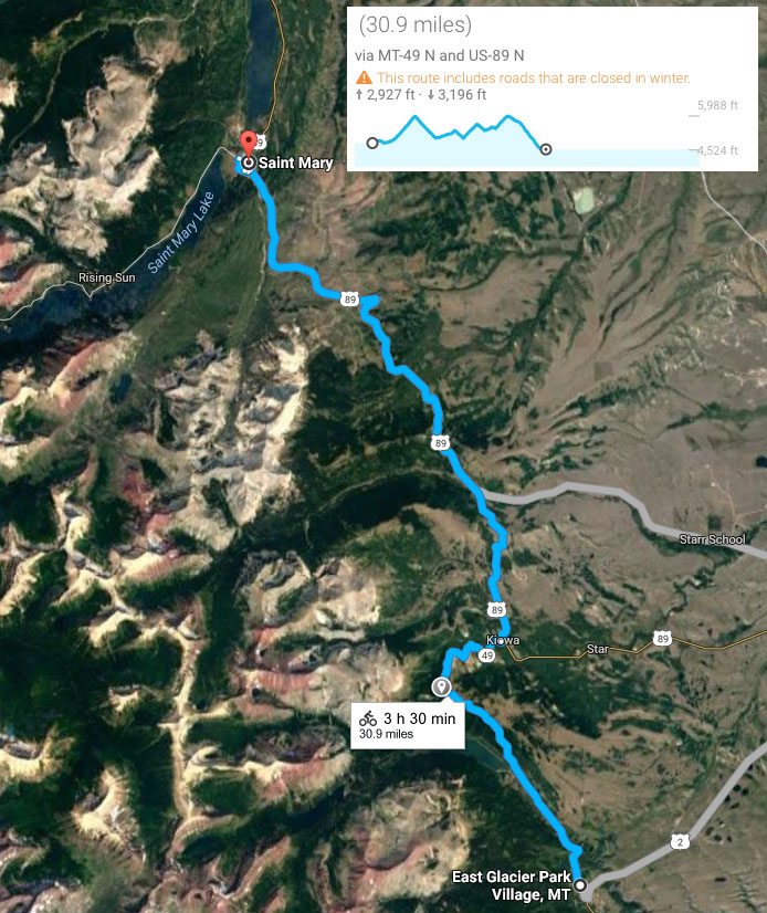 Google map of route from East Glacier to St. Mary, with elevation profile