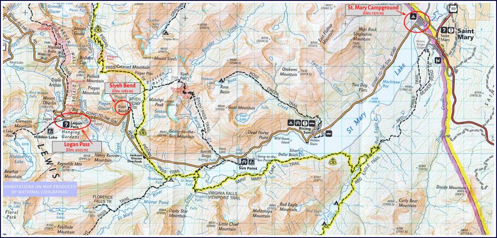 Map of eastern section of Going to The Sun road.